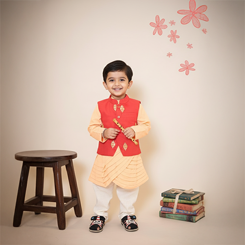 Peach Asymmetrical Kurta with Red Jacket Pant Set
