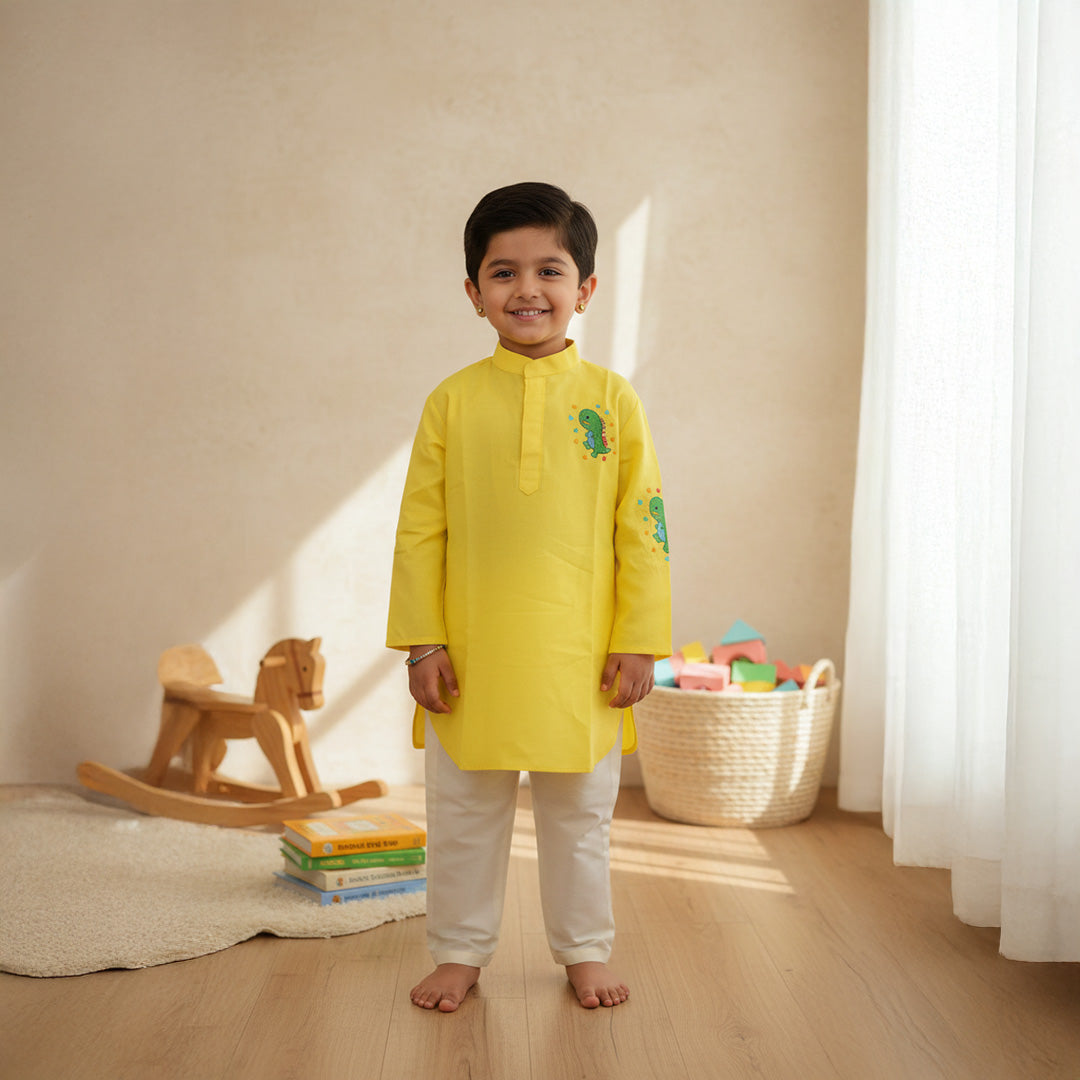 Yellow Dinosaur Embroidery Kurta Pant Set