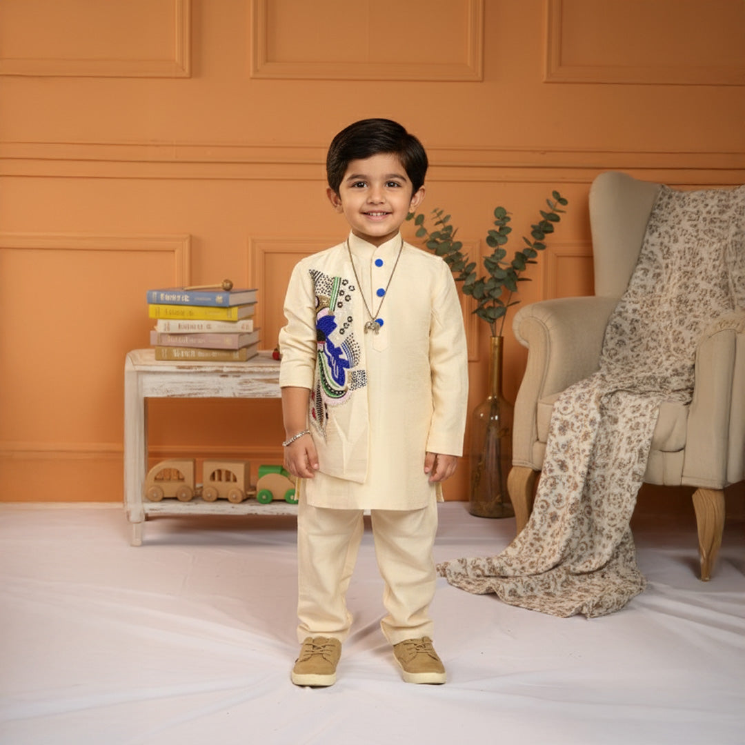 Cream Kurta Embroidered Jacket Pant Set