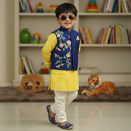 Yellow Kurta with Embroidered Jacket Pant Set