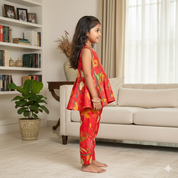 Red Printed Sleeveless Kurti with Matching Pants