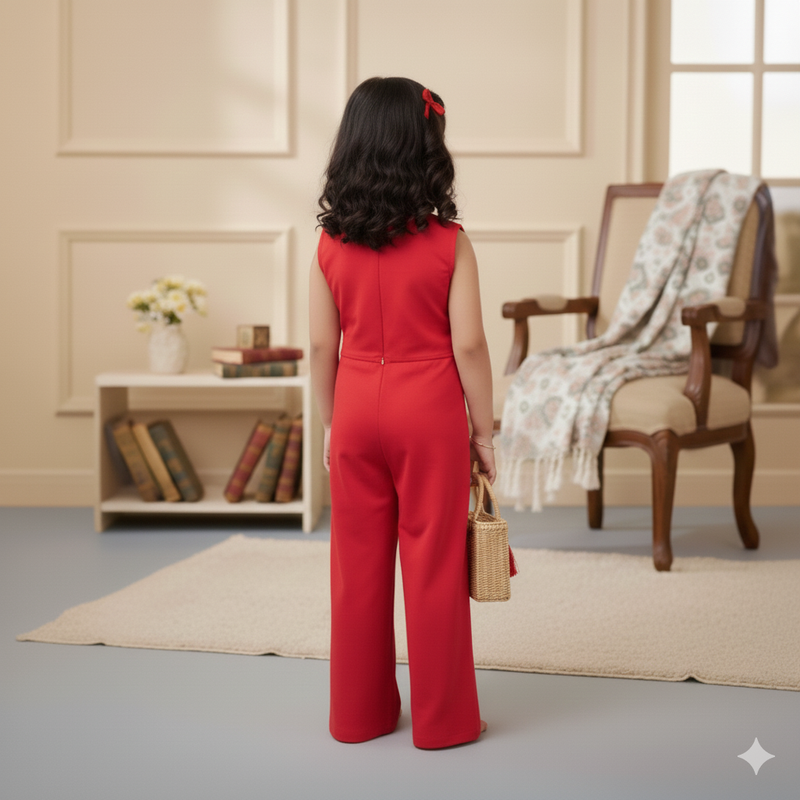 Red Sequins Embroidered Sleeveless Jumpsuit