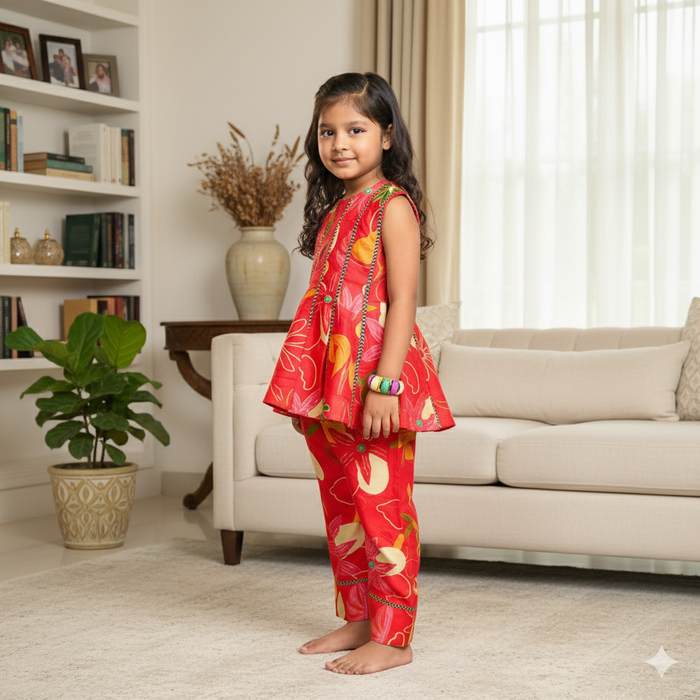 Red Printed Sleeveless Kurti with Matching Pants