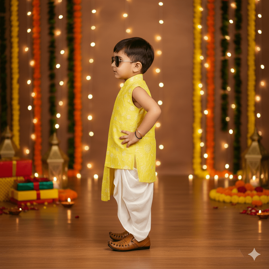 Stylish Yellow Self Embroidered Kurta Dhoti Pant Set