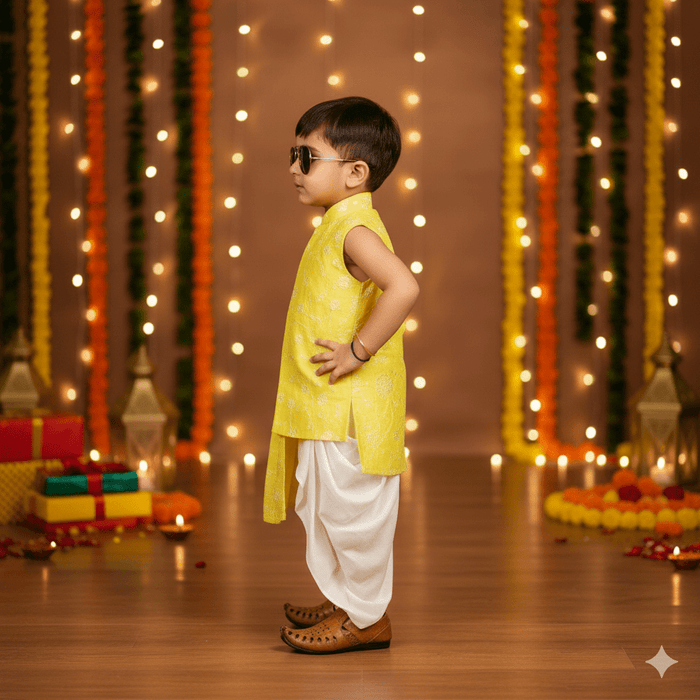 Stylish Yellow Self Embroidered Kurta Dhoti Pant Set