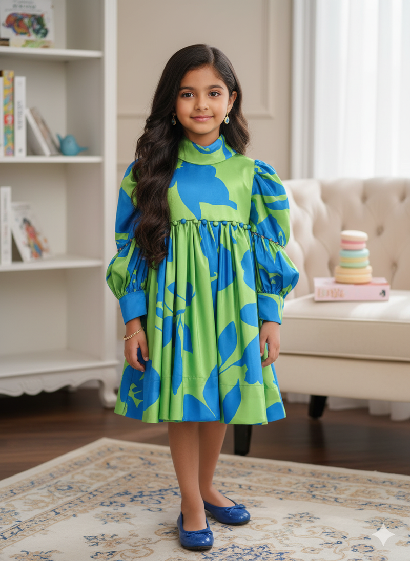 Green and Blue Floral Patterned Frock With Collar