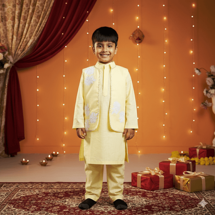 Yellow Kurta Floral Embroidered Jacket Pant Set