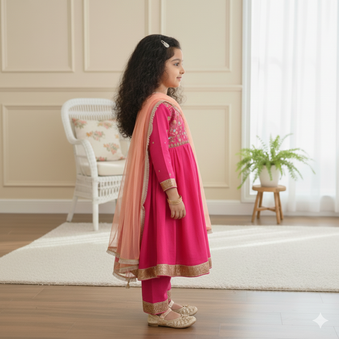 Pink Anarkali With Embroidered Yoke and Peach Dupatta