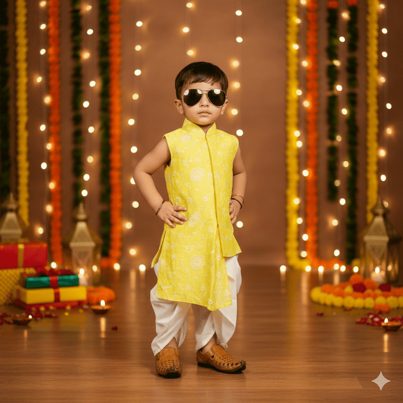 Stylish Yellow Self Embroidered Kurta Dhoti Pant Set