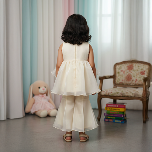 Off White Peplum Style Embroidered Kurti With Fish Cut Palazzo