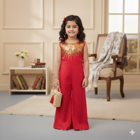 Red Sequins Embroidered Sleeveless Jumpsuit