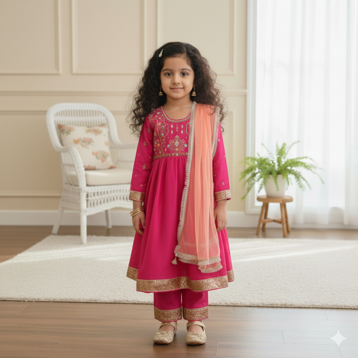 Pink Anarkali With Embroidered Yoke and Peach Dupatta