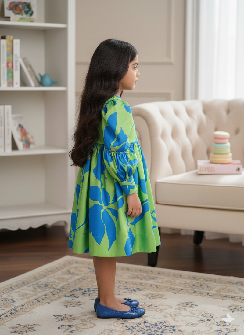 Green and Blue Floral Patterned Frock With Collar
