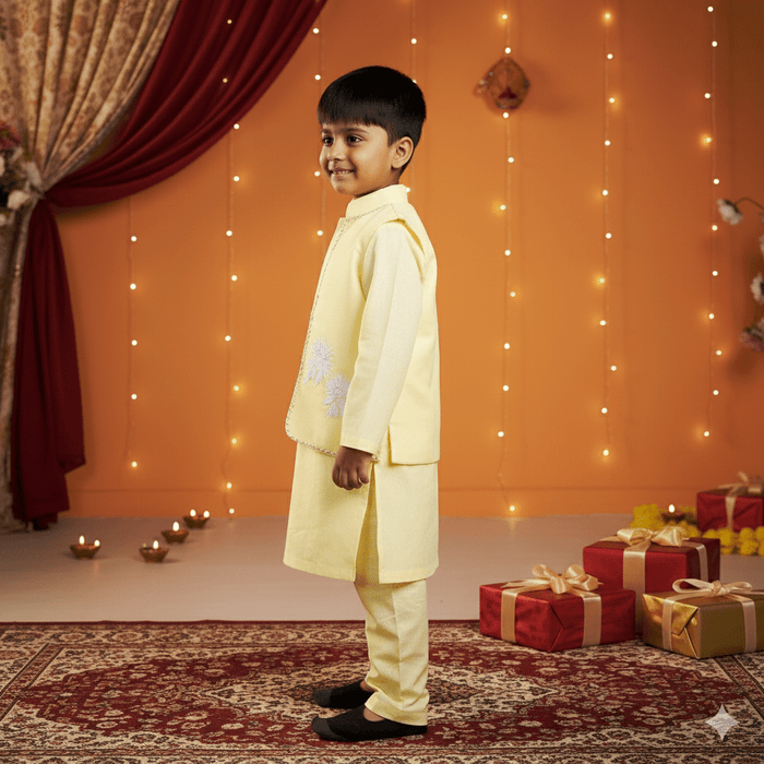 Yellow Kurta Floral Embroidered Jacket Pant Set