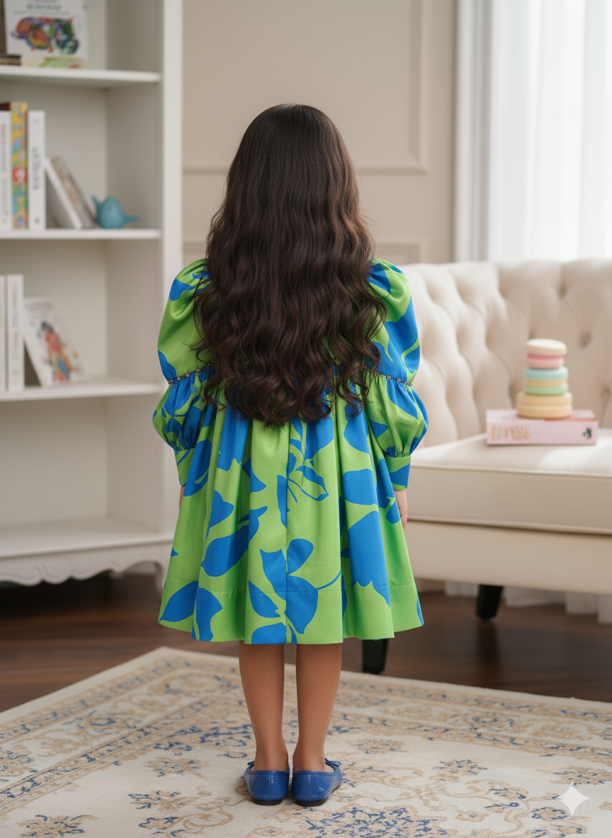 Green and Blue Floral Patterned Frock With Collar