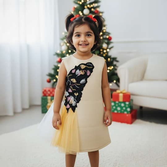 Beige Sleeveless Frock With Butterfly Patch at the Side