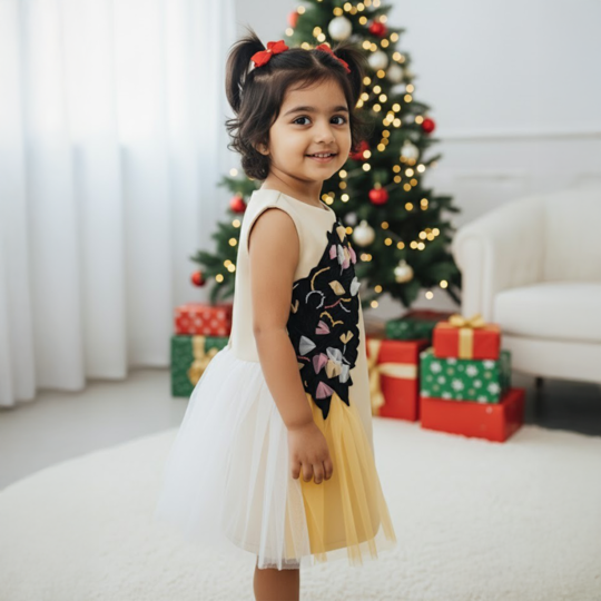 Beige Sleeveless Frock With Butterfly Patch at the Side