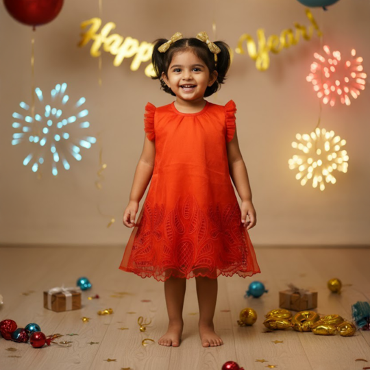 Red Stylish Cut Work Frock