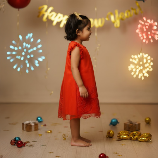 Red Stylish Cut Work Frock