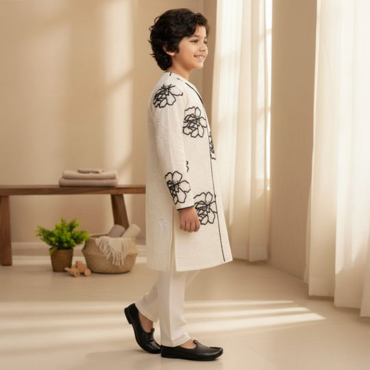 White and Black Floral Embroidered Kurta and Pant Set