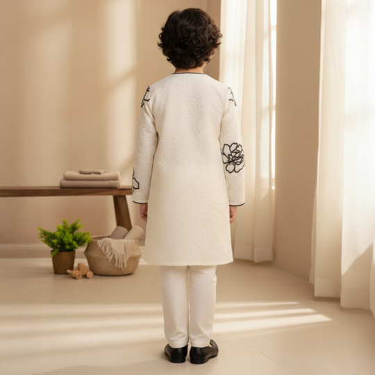 White and Black Floral Embroidered Kurta and Pant Set