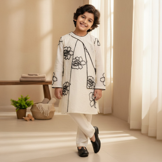 White and Black Floral Embroidered Kurta and Pant Set