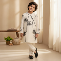 White and Black Floral Embroidered Kurta and Pant Set