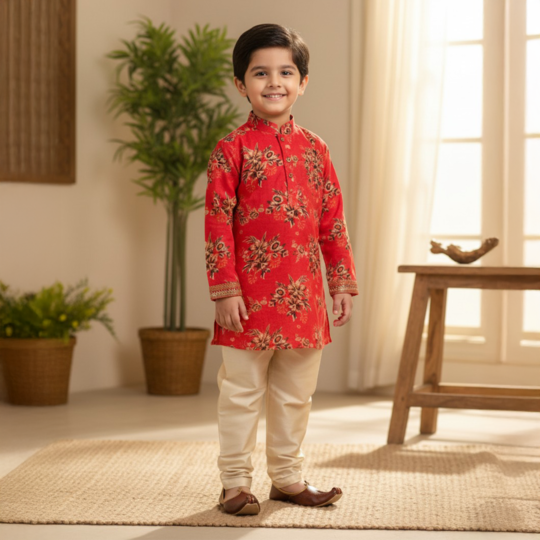 Red Floral Print Fabric Kurta Pant Set