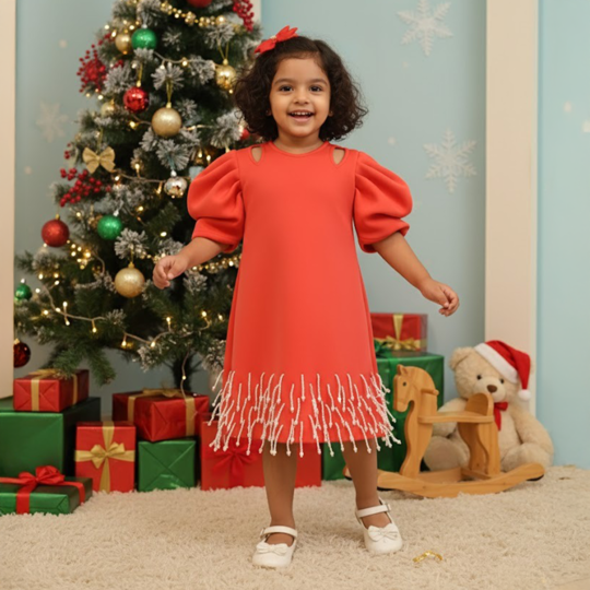 Red Frock With Stylish Puff Sleeves and Pearl Detailing at the End