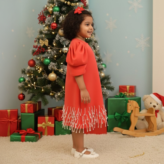 Red Frock With Stylish Puff Sleeves and Pearl Detailing at the End