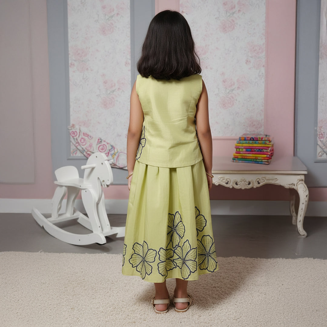 Floral Embroidered Shirt-style Top with Matching Skirt