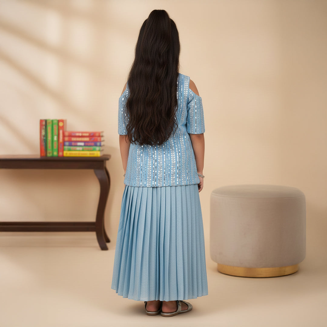 Blue Sequin Embroidered Kurti With Pleated Lehenga