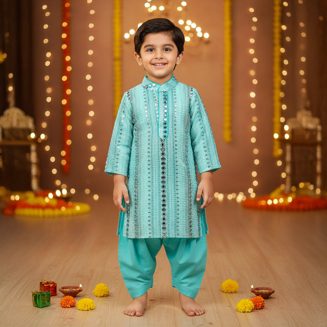 Blue Mirror Work Kurta With Matching Patiala Pants