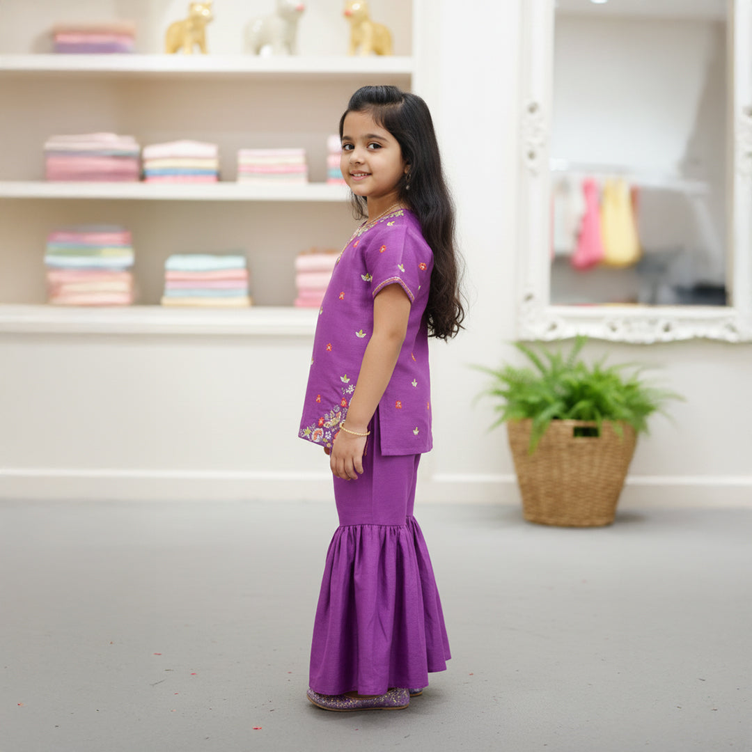 Purple Embroidered Kurti With Purple Sharara