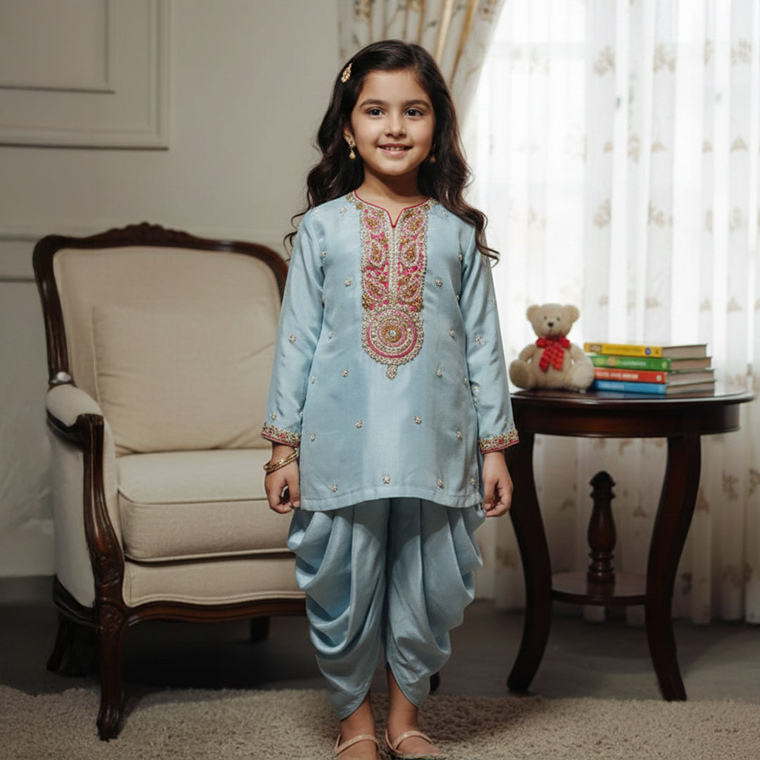 Blue Embroidered Kurti With Tulip Style Dhoti
