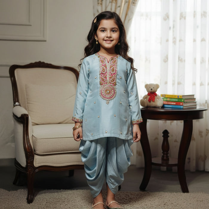 Blue Embroidered Kurti With Tulip Style Dhoti