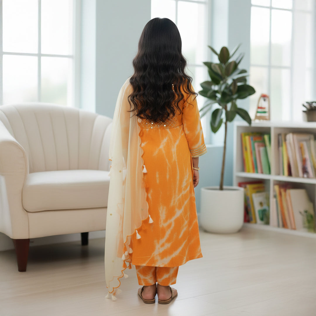 Orange Leheriya Anarkali With Embroidery on Pocket and Dupatta