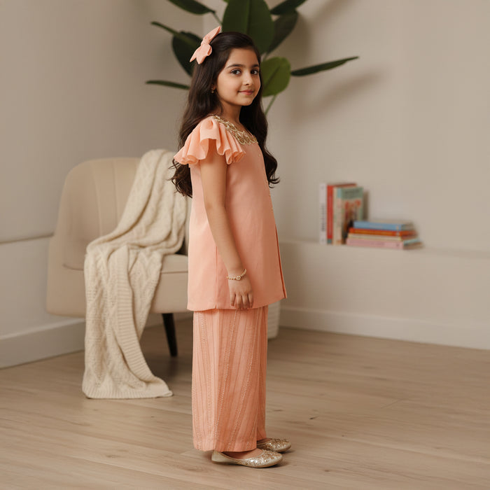 Peach Embroidered Kurti With Embroidered Palazzo