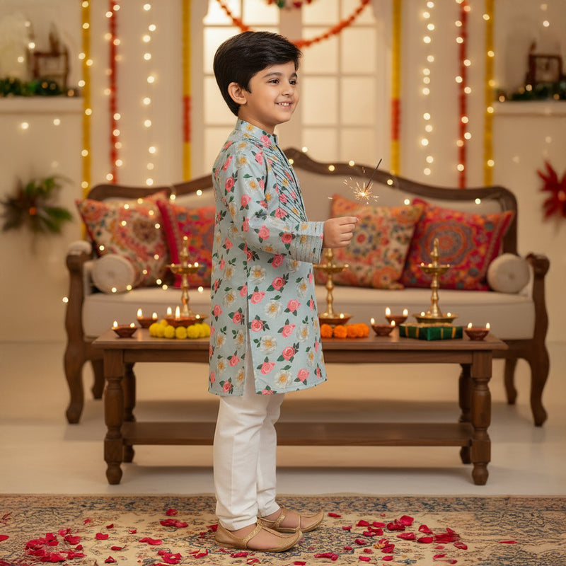 Grey Floral Print Pleated Kurta Set