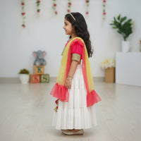 Pink Top With Puff Sleeves and White Lehenga