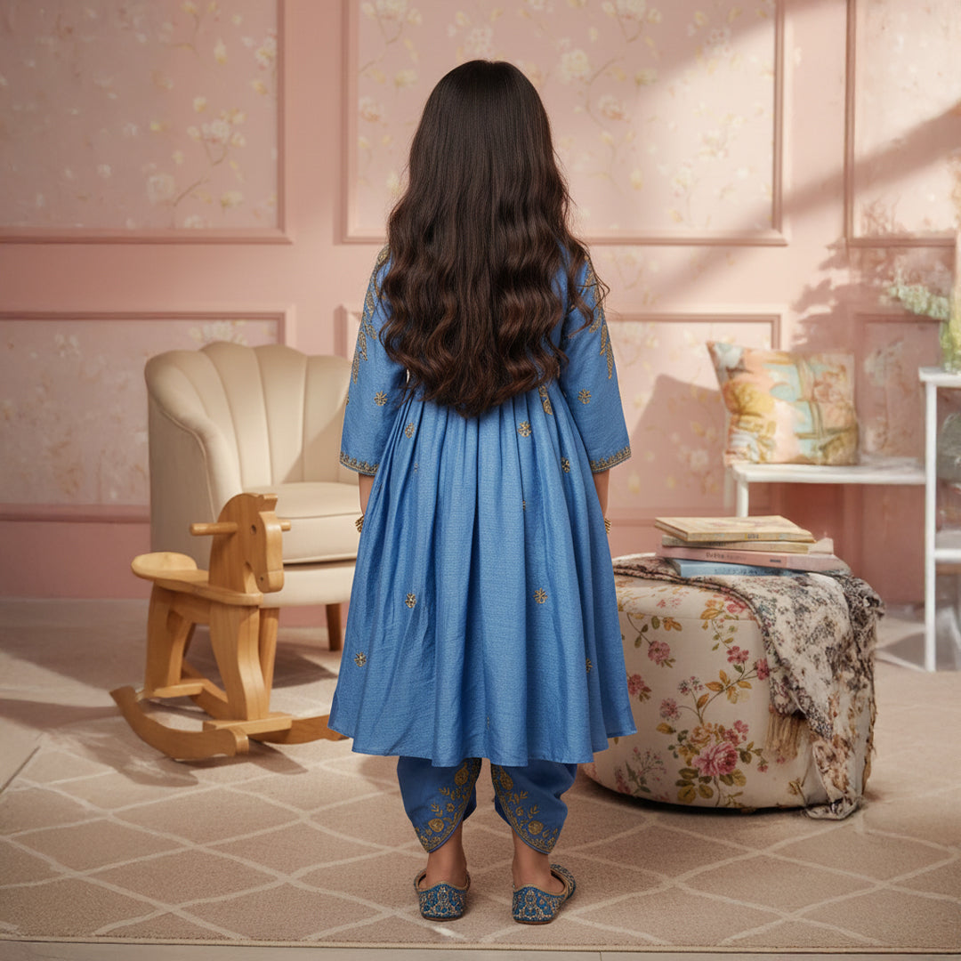 Blue Anarkali Style Kurti With Matching Pants