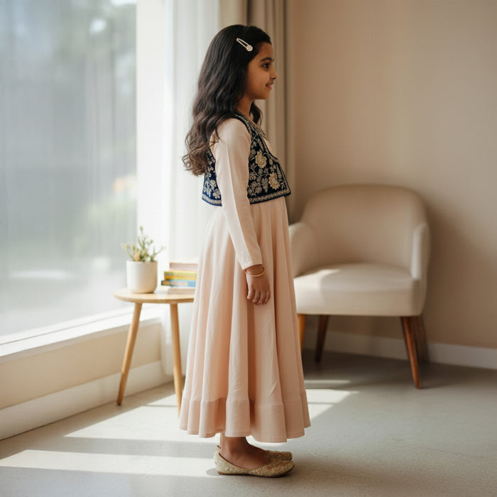 Ivory Colour Anarkali With Embroidered Neck and Blue Embroidered Jacket