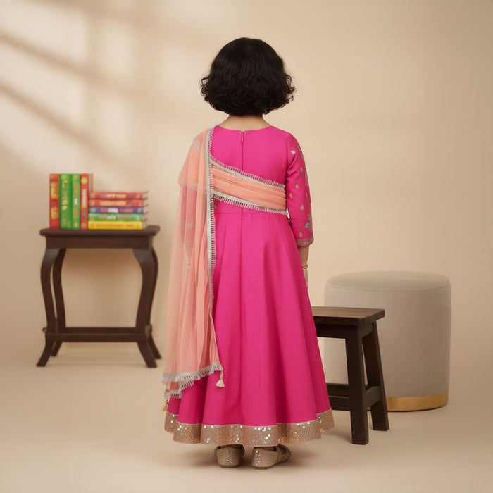 Pink Anarkali With Embroidered Yoke and Peach Dupatta