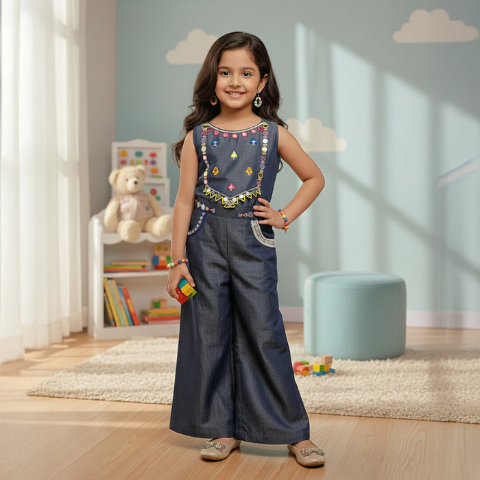 Blue Denim Top With Embroidery and Matching Pants