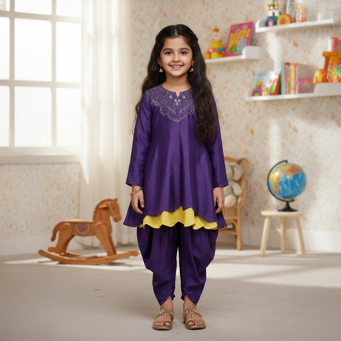 Purple High Low Embroidered Kurti With Dhoti