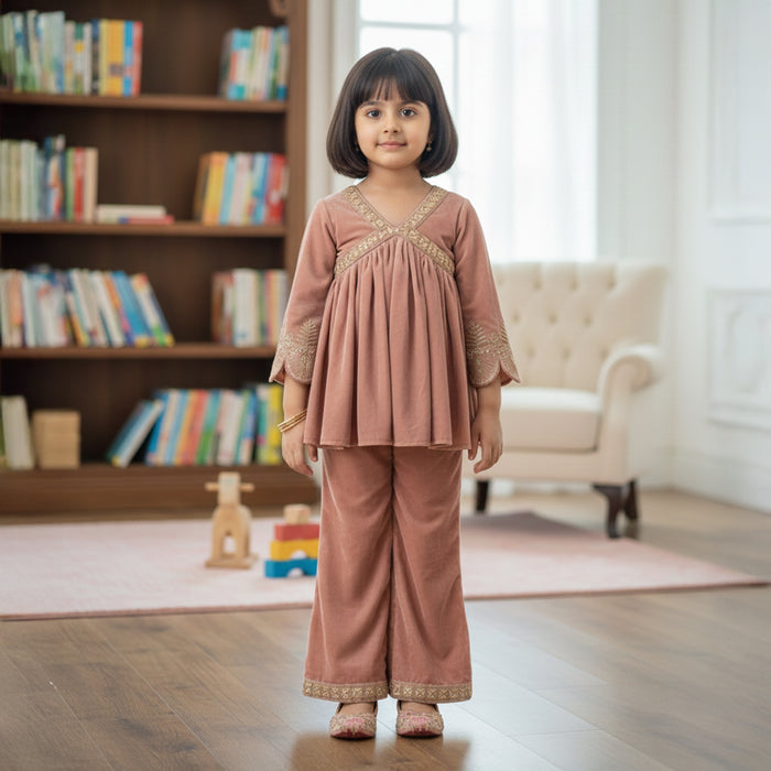 Dusty Brown Colour Kurti With Embroidery and Pants