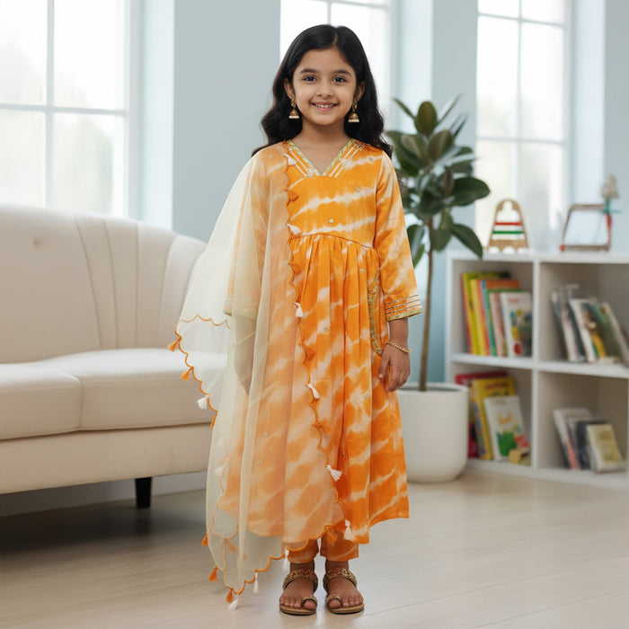 Orange Leheriya Anarkali With Embroidery on Pocket and Dupatta