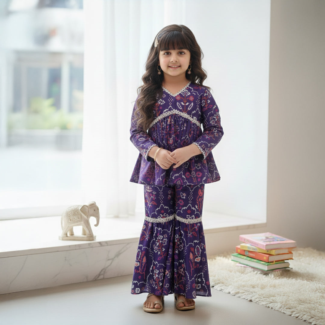 Purple Printed Peplum Top With Matching Sharara