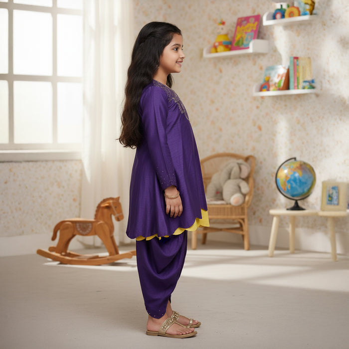 Purple High Low Embroidered Kurti With Dhoti
