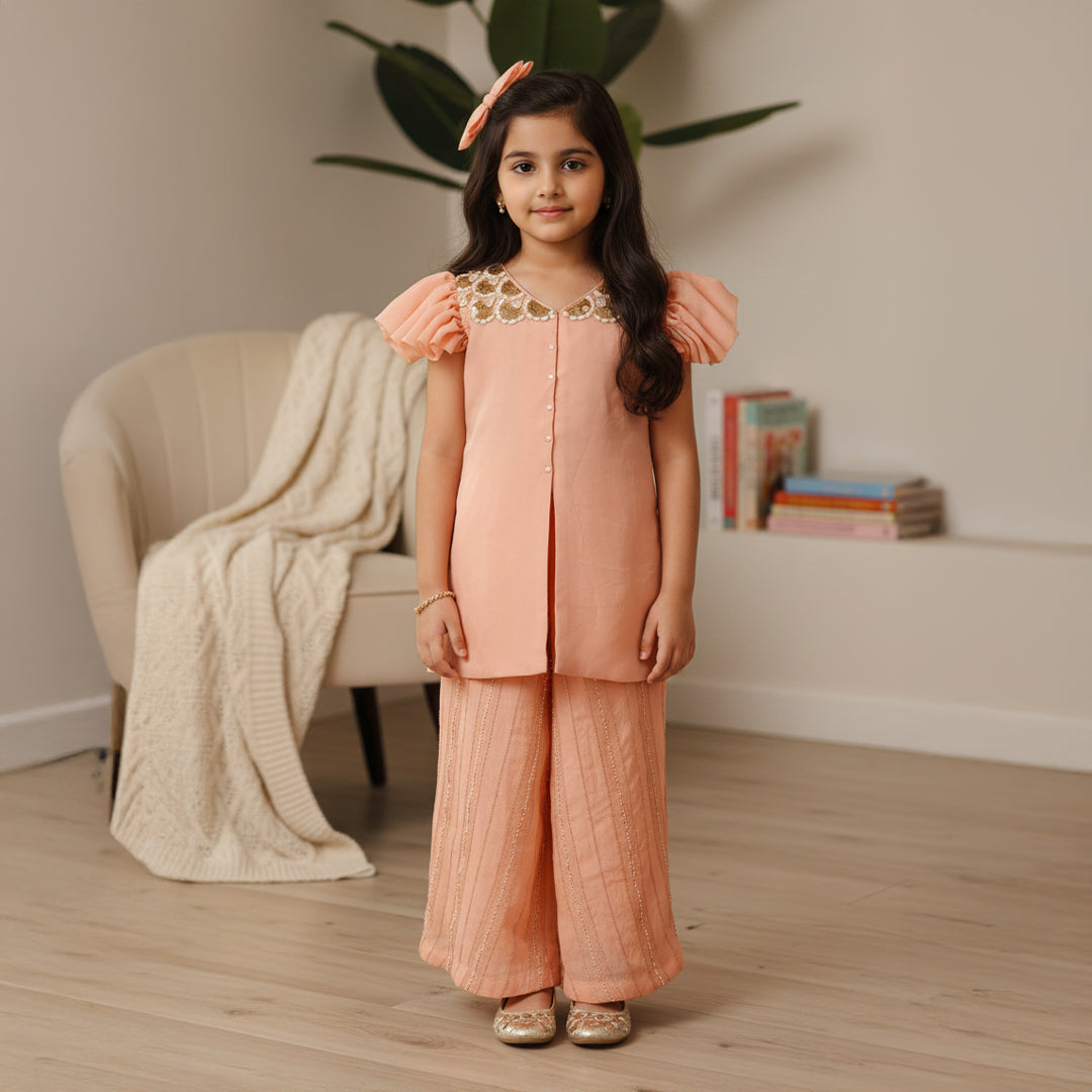 Peach Embroidered Kurti With Embroidered Palazzo